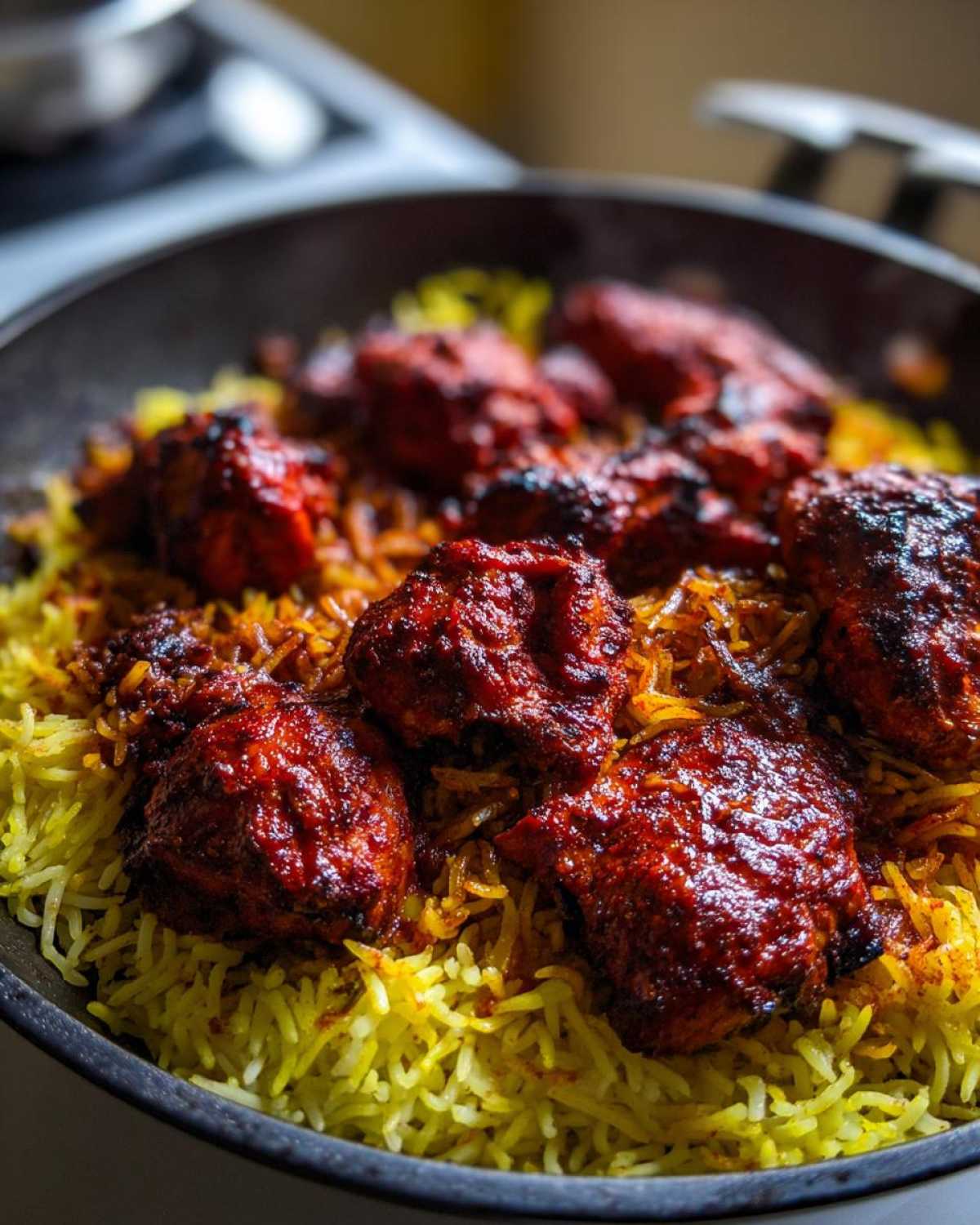 Close-up of bright red, marinated chicken pieces resting on vibrant yellow rice in a dark skillet, showcasing the One Pan Tandoori Chicken & Rice.