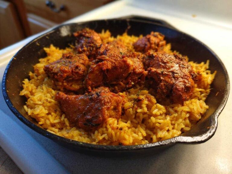 Close-up of flavorful One Pan Tandoori Chicken & Rice served in a black cast iron skillet.