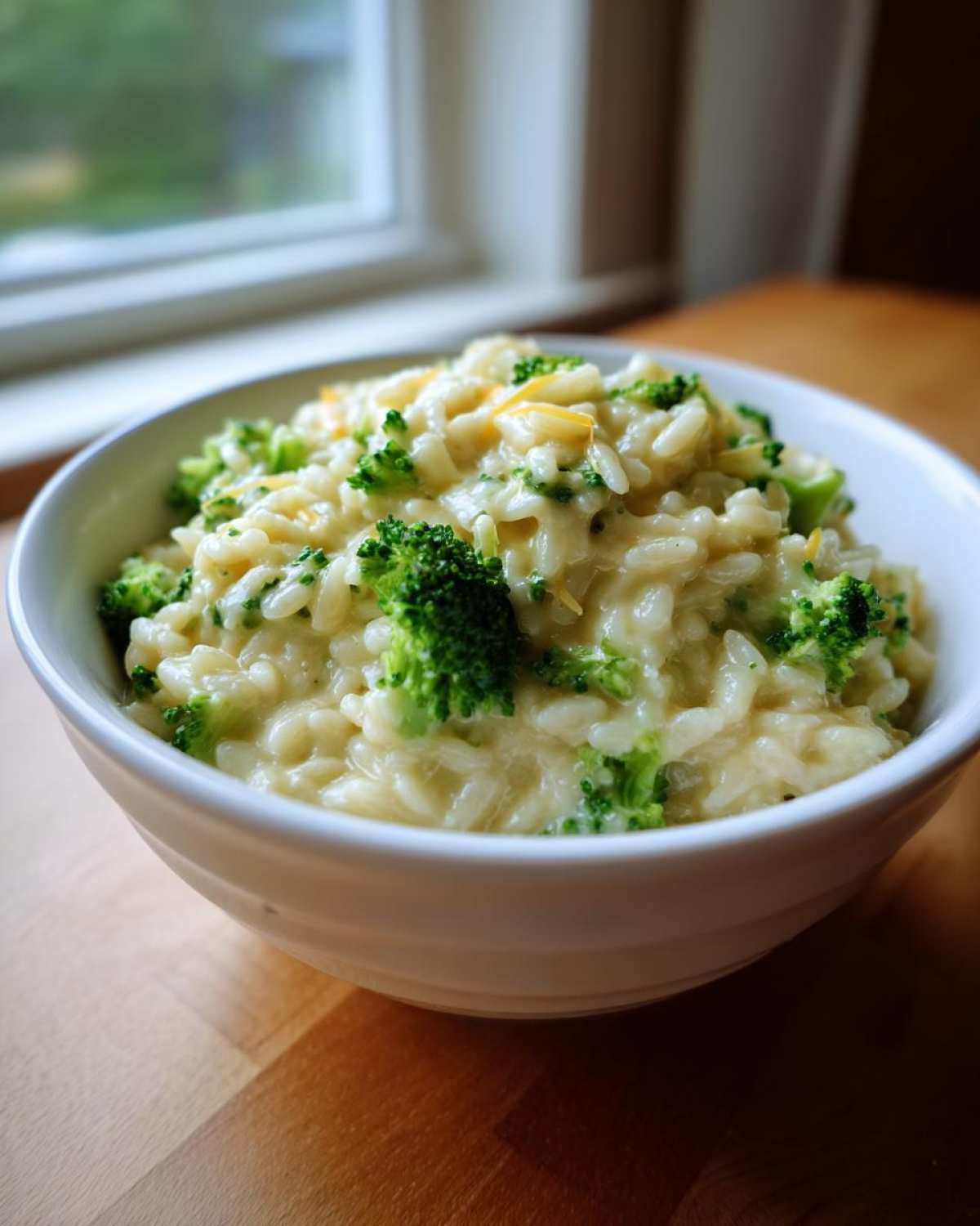 A close-up of creamy One Pot Broccoli Cheese Orzo served in a white bowl on a wooden surface.