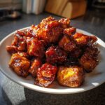 A close-up of a white plate piled high with glistening, saucy Bbq Chicken Bites.