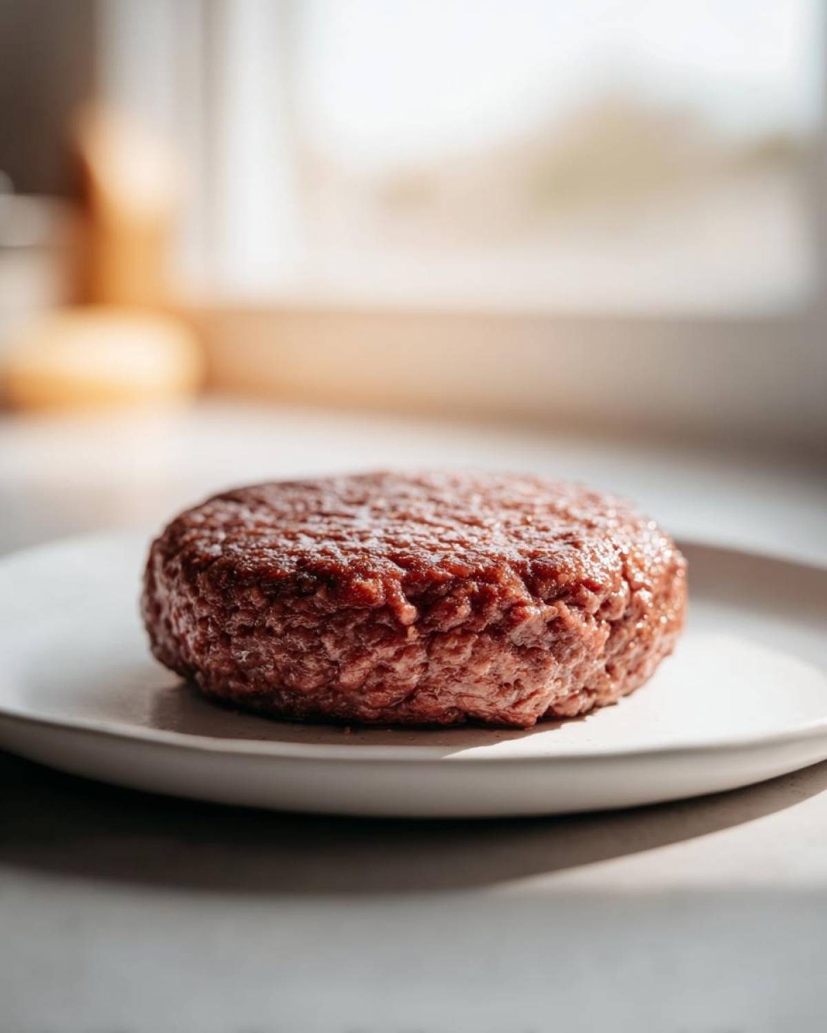A raw, thick ground meat patty ready for cooking, likely for Cheese-Stuffed Air Fryer Burgers.