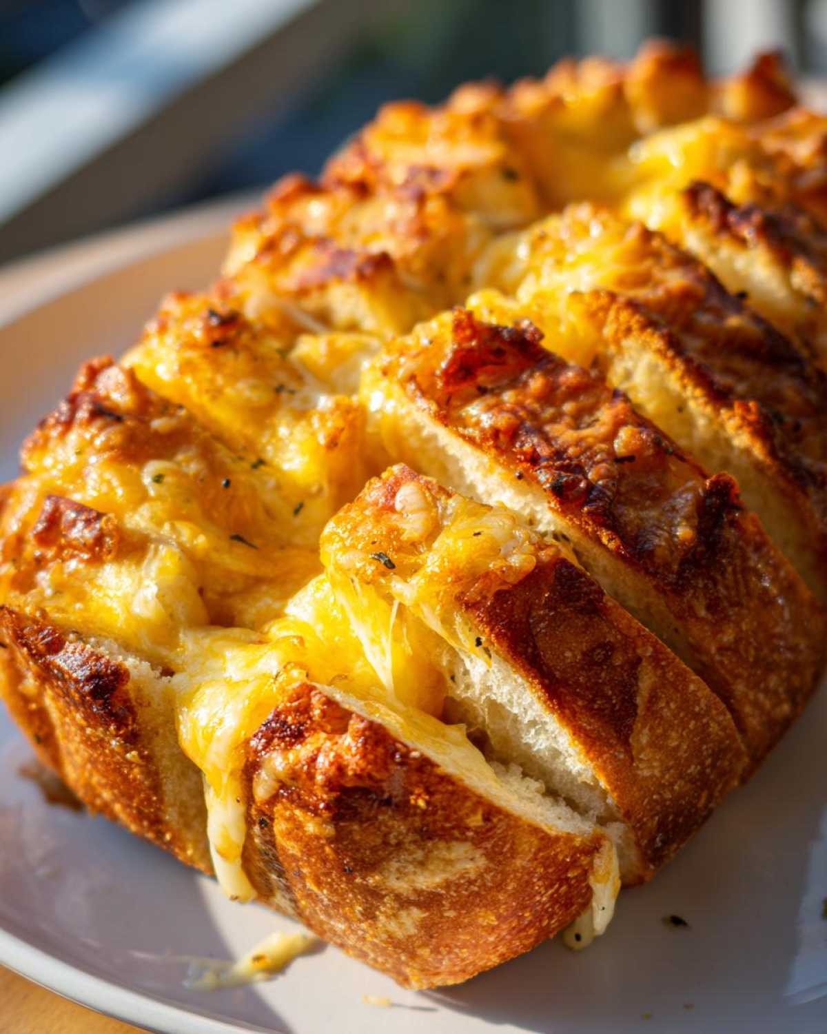 Close-up of freshly baked Sliced Garlic Bread with Cheese, showing melted, gooey cheese between the cuts.