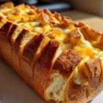 Close-up of a loaf of freshly baked Sliced Garlic Bread with Cheese, featuring melted mozzarella and cheddar oozing from the cuts.