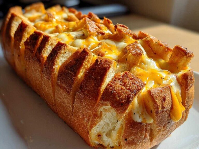 Close-up of a loaf of freshly baked Sliced Garlic Bread with Cheese, featuring melted mozzarella and cheddar oozing from the cuts.