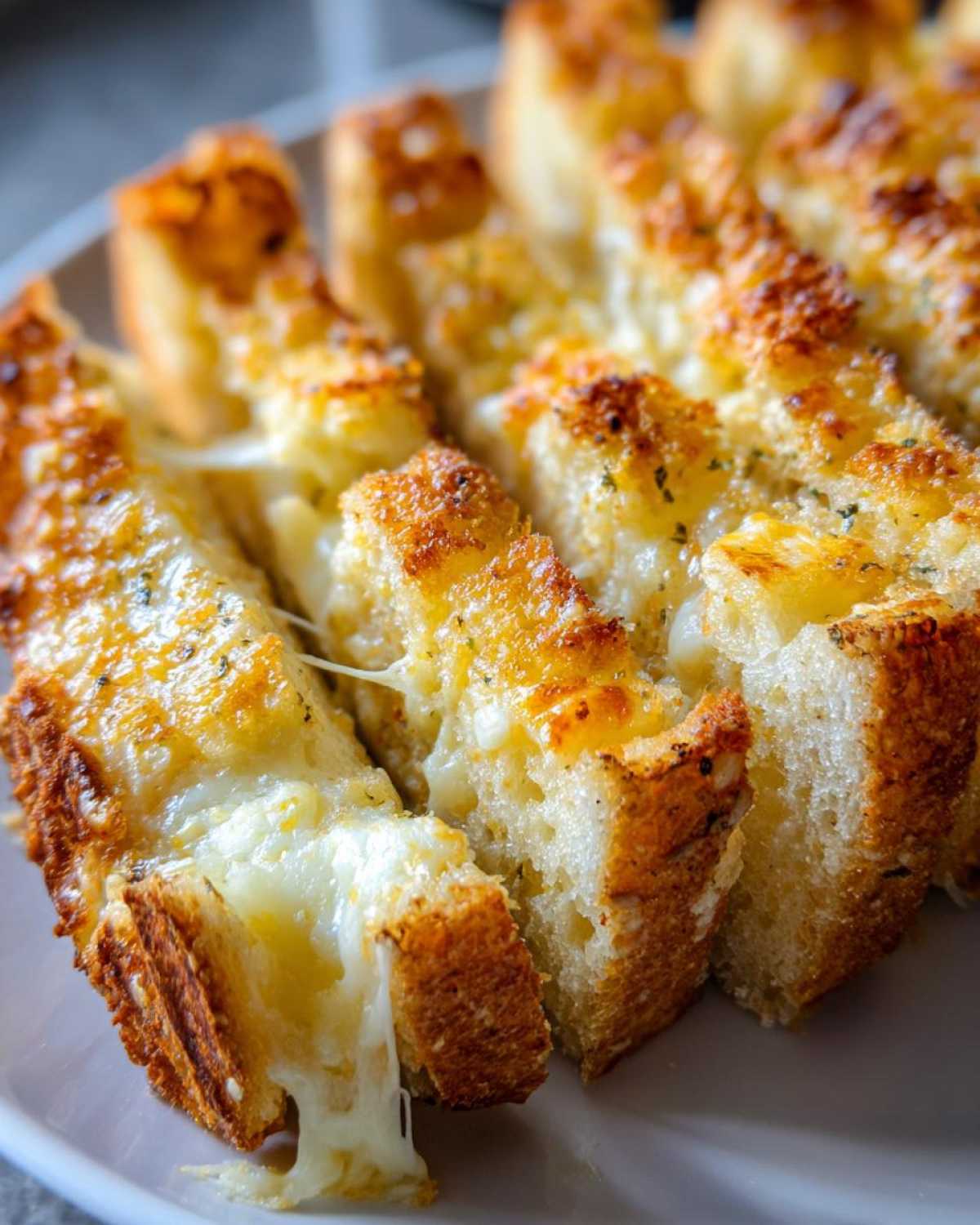 Close-up of golden-brown Sliced Garlic Bread with Cheese showing melted, gooey cheese stretching between the pieces.