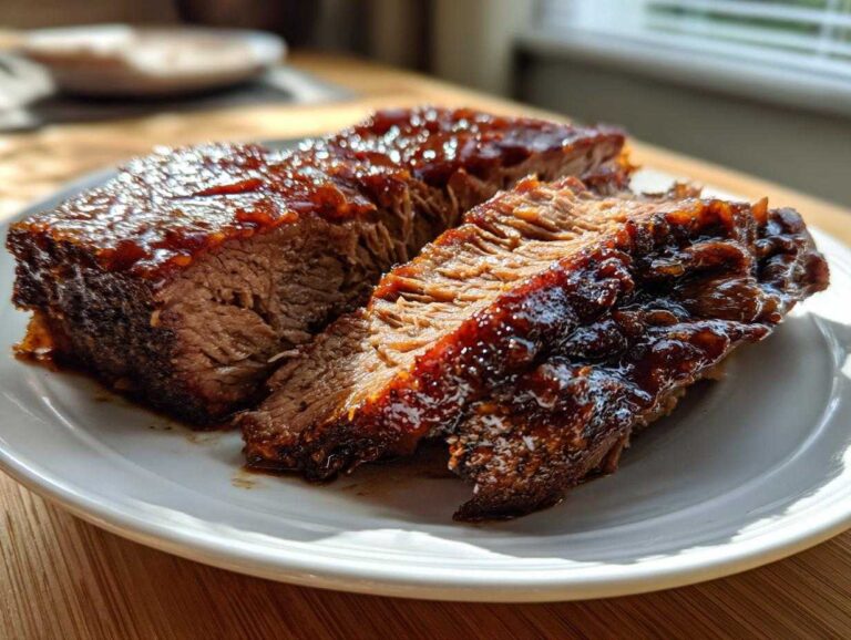 Two thick slices of tender Slow Cooker Brisket covered in a rich, glossy barbecue glaze on a white plate.