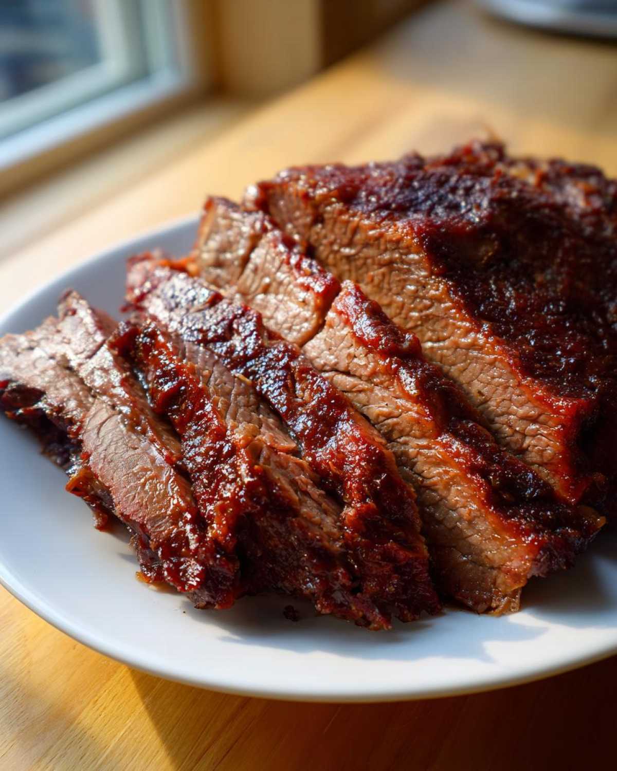 Thick slices of tender Slow Cooker Brisket covered in a dark, rich, glossy barbecue-style glaze on a white plate.