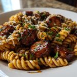 Close-up of Sticky Honey Garlic Sausage Pasta Skillet featuring fusilli pasta and glazed sausage pieces.