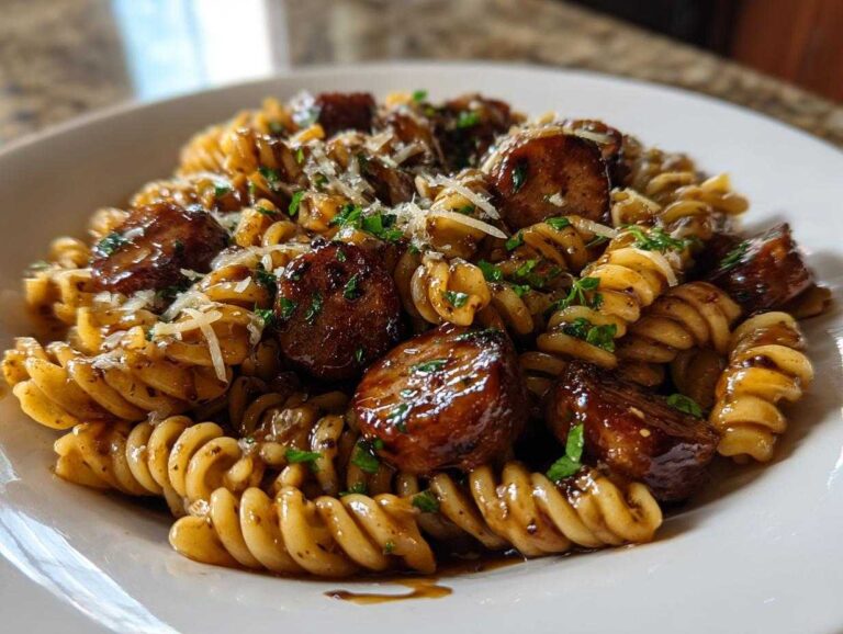 Amazing 1-Pan Sticky Honey Garlic Sausage Pasta Skillet Close-up of Sticky Honey Garlic Sausage Pasta Skillet featuring fusilli pasta and glazed sausage pieces.