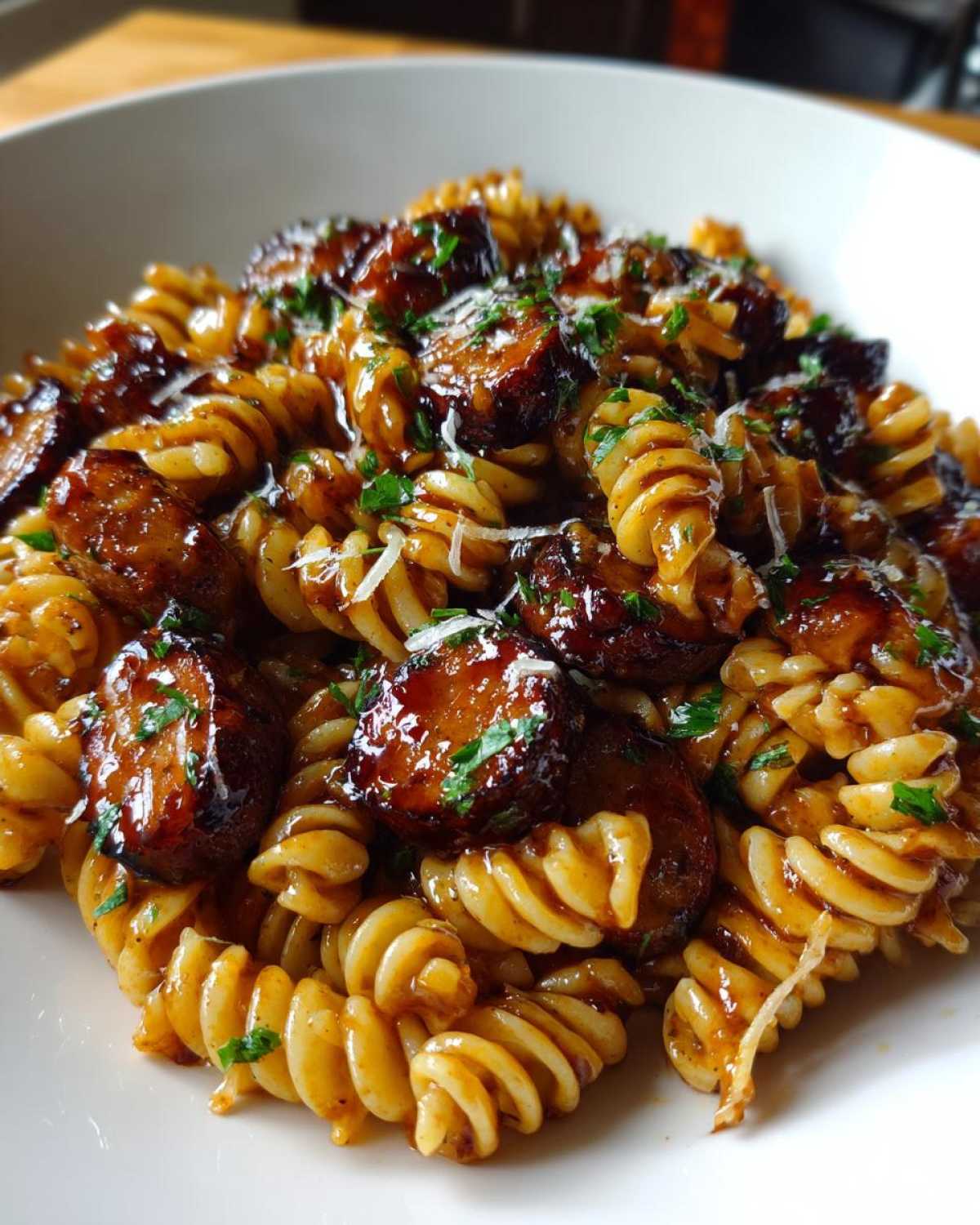 A close-up of fusilli pasta tossed in a glossy sauce with chunks of glazed sausage, garnished with parsley for the Sticky Honey Garlic Sausage Pasta Skillet.