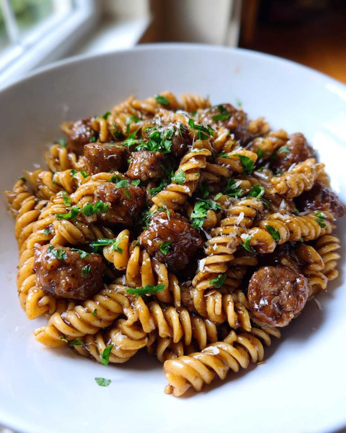 Close-up of a white bowl filled with Sticky Honey Garlic Sausage Pasta Skillet, garnished with parsley.