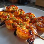 Close-up of grilled Sweet Chili Grilled Bang Bang Shrimp Skewers, glazed and garnished with green herbs, resting on a white plate.