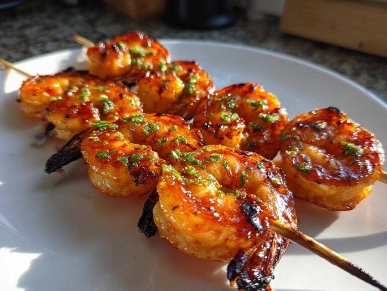 Close-up of grilled Sweet Chili Grilled Bang Bang Shrimp Skewers, glazed and garnished with green herbs, resting on a white plate.