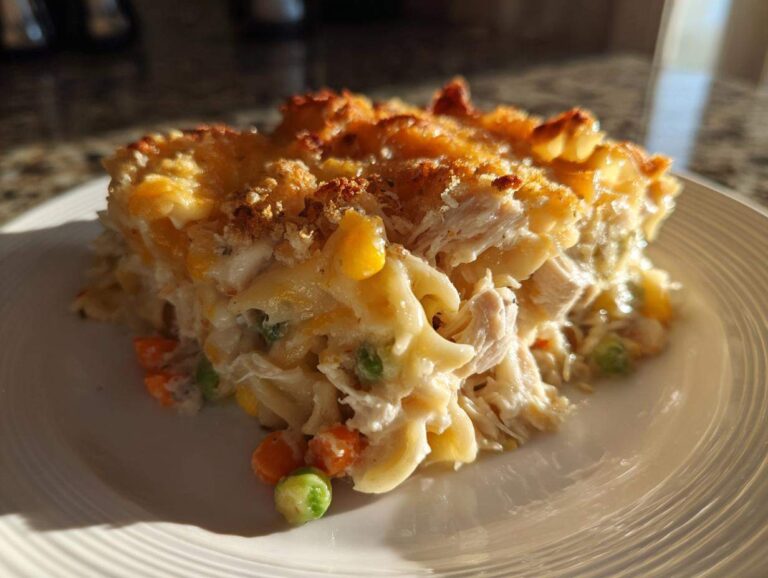 A generous slice of creamy Turkey Casserole featuring shredded turkey, pasta, peas, and carrots, topped with a golden, crunchy crust.